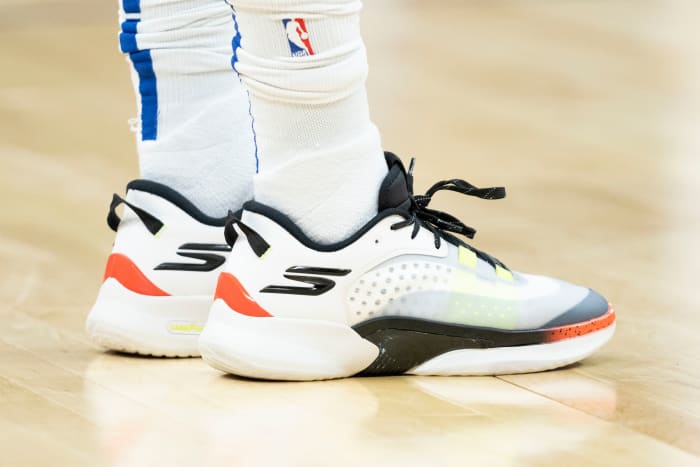 Los Angeles Clippers guard Terance Mann's white and black Skechers sneakers.